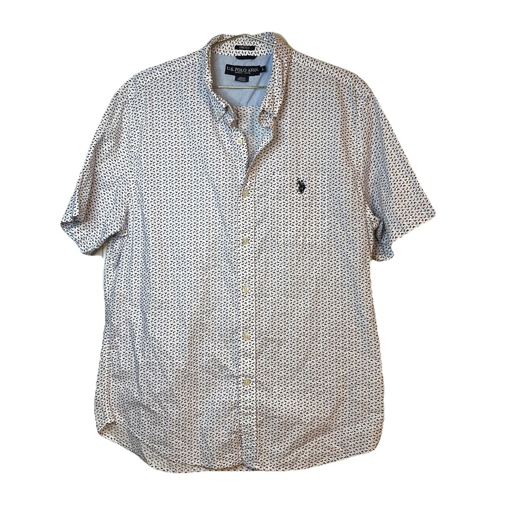 U.S. Polo Assn. Stretch Geometric Button-Up Shirt White Blue Red Short Sleeve L